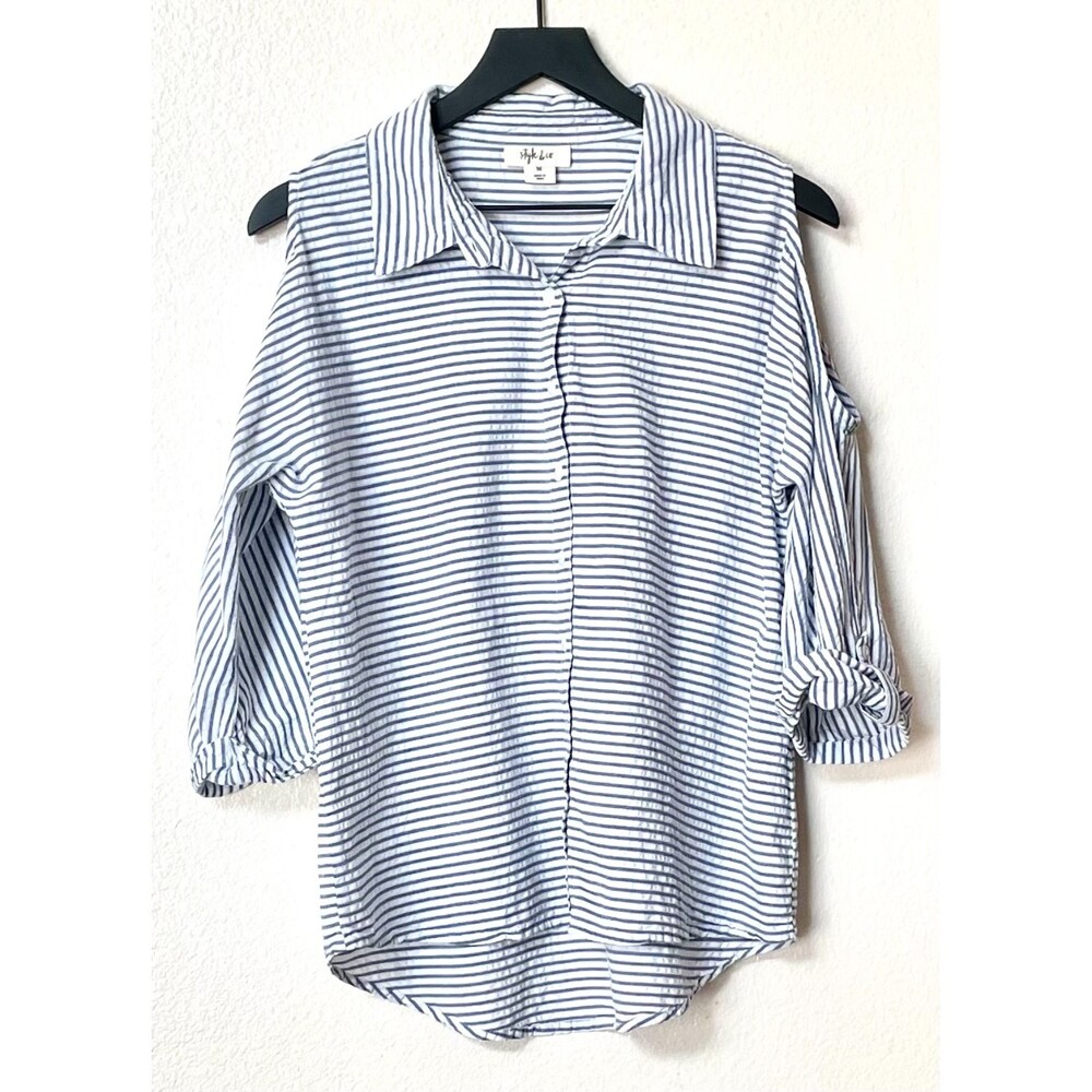Style & Co Button Down Cold Shoulder Sleeve Seersucker Collared Blouse Size M